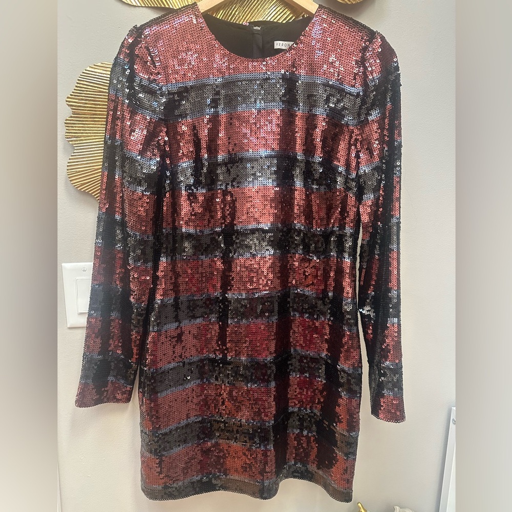 NWOT Veronica Beard Breaker Sequin Mini Dress Copper Black Stripes Zip Size US 8